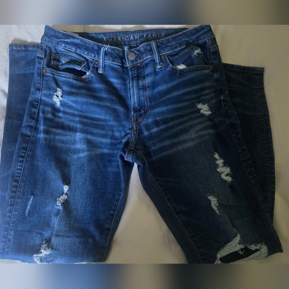 American Eagle Outfitters Men Distressed Dark Blue Skinny Jeans